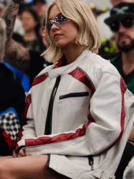 Detailed front view of Sydney Sweeney white leather jacket with chest zip pocket and racing stripes