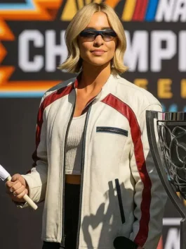 Front view of Sydney Sweeney white biker leather jacket with zipper closure and red racing stripe sleeves
