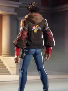 Hero-inspired vegan leather jacket with detailed sleeve stripes and structured fit.