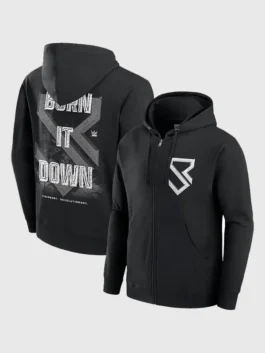 Seth Rollins Burn It Down Hoodie in black fleece with a bold wrestling-inspired look for casual daily wear