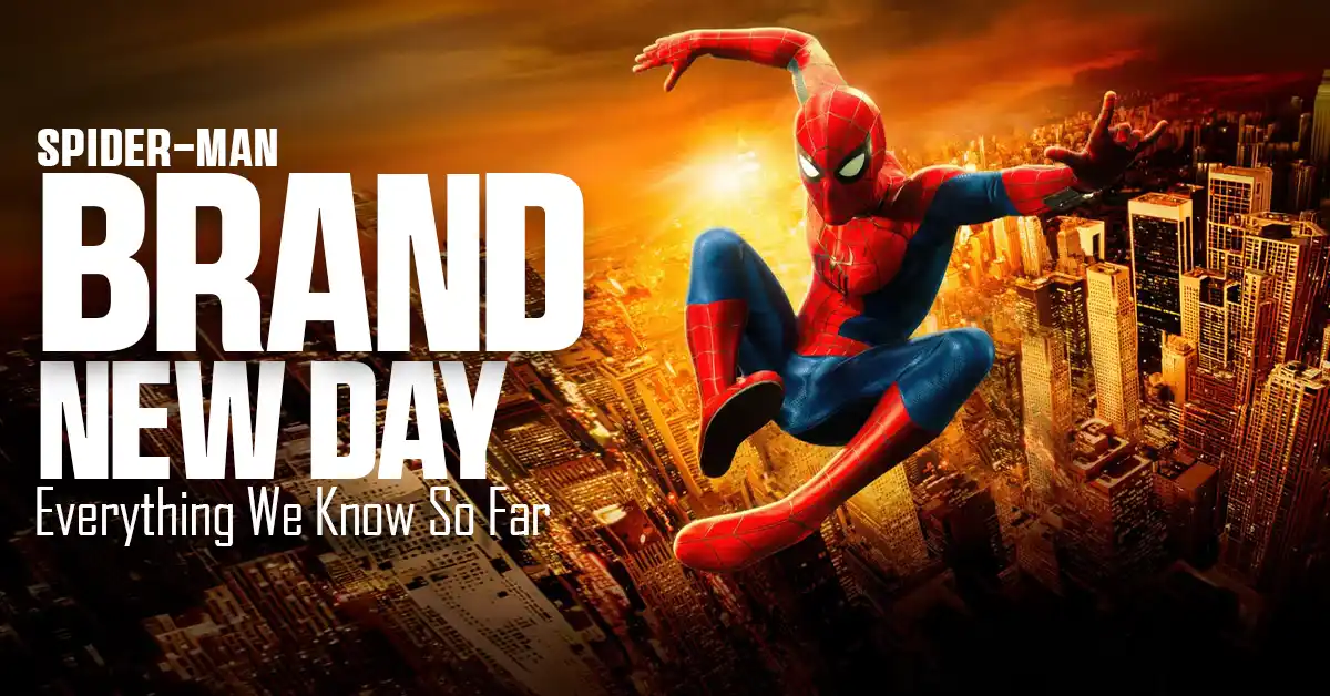 Spider-Man: Brand New Day poster showing Spider-Man above city skyline with sunset background
