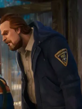 Front view of the Stranger Things Tales Jim Hopper Jacket with a secure zipper closure and two spacious front pockets.