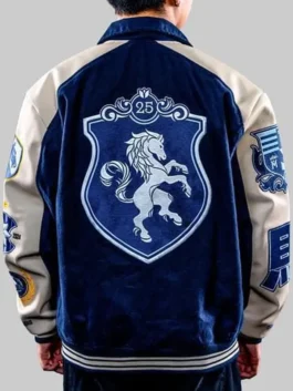 Back view of Team Liquid 2025 varsity jacket with large shield artwork and sleeve patches