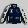 Front view of Team Liquid 2025 blue and white letterman jacket with button closure and logo patches
