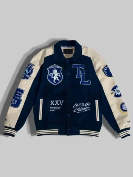 Front view of Team Liquid 2025 blue and white letterman jacket with button closure and logo patches