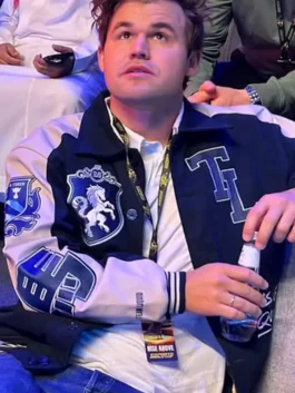 Team Liquid 2025 varsity jacket worn in lifestyle view with blue and white leather design