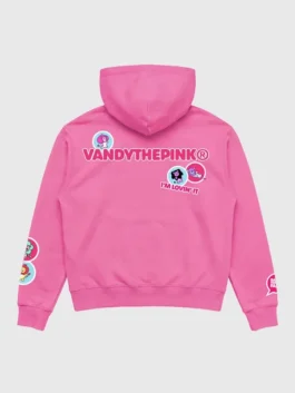 Back view of Vandy The Pink Mcdonald Saja Boys Hoodie in pink showing the clean rear look and soft hoodie shape