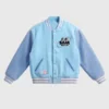 Front view of Vandy The Pink Mcdonald Saja Boys Jacket in blue with button closure and chest logo detail