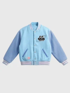 Front view of Vandy The Pink Mcdonald Saja Boys Jacket in blue with button closure and chest logo detail