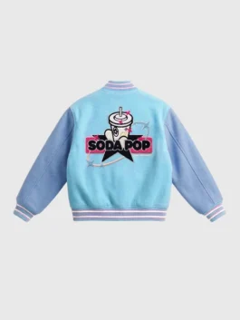 Back view of Vandy The Pink Mcdonald Saja Boys Jacket in soft blue varsity style with ribbed hem and cuffs