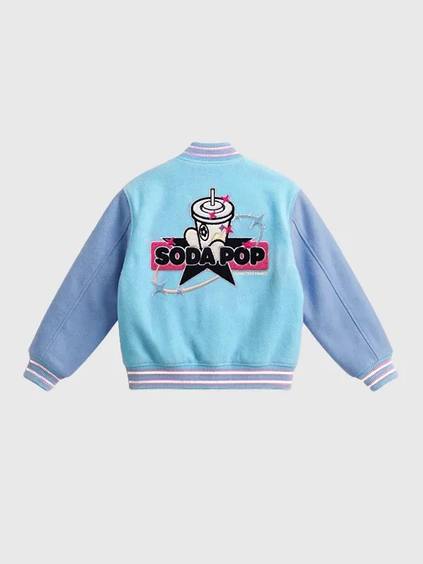 Back view of Vandy The Pink Mcdonald Saja Boys Jacket in soft blue varsity style with ribbed hem and cuffs