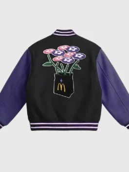 Vandy The Pink x Mcdonalds Huntr X Varsity Jacket in black and purple with front logo and striped ribbed trims