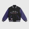 Front view of Vandy The Pink x Mcdonalds Huntr X Varsity Jacket in black and purple with snap button front