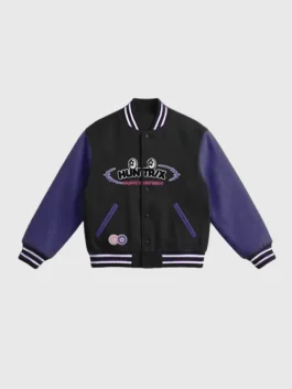 Front view of Vandy The Pink x Mcdonalds Huntr X Varsity Jacket in black and purple with snap button front