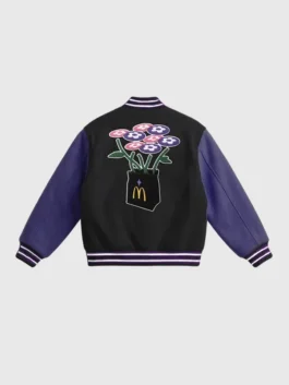 Back view of Vandy The Pink x Mcdonalds Huntr X Varsity Jacket in black and purple with ribbed hem and cuffs