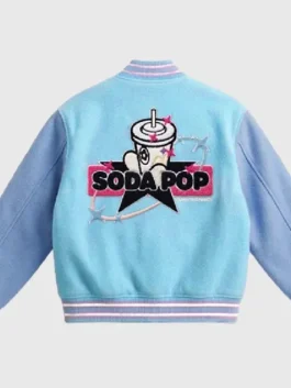 Vandy The Pink Mcdonald Saja Boys Jacket in blue varsity style with contrast sleeves and striped ribbed trims