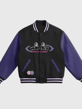 Vandy The Pink x Mcdonalds Huntr X Varsity Jacket in black and purple with striped ribbed collar and cuffs