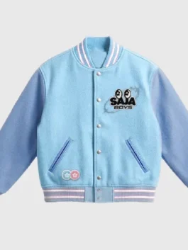 Vandy The Pink Mcdonald Saja Boys Jacket in light blue varsity design with snap buttons and embroidered chest logo