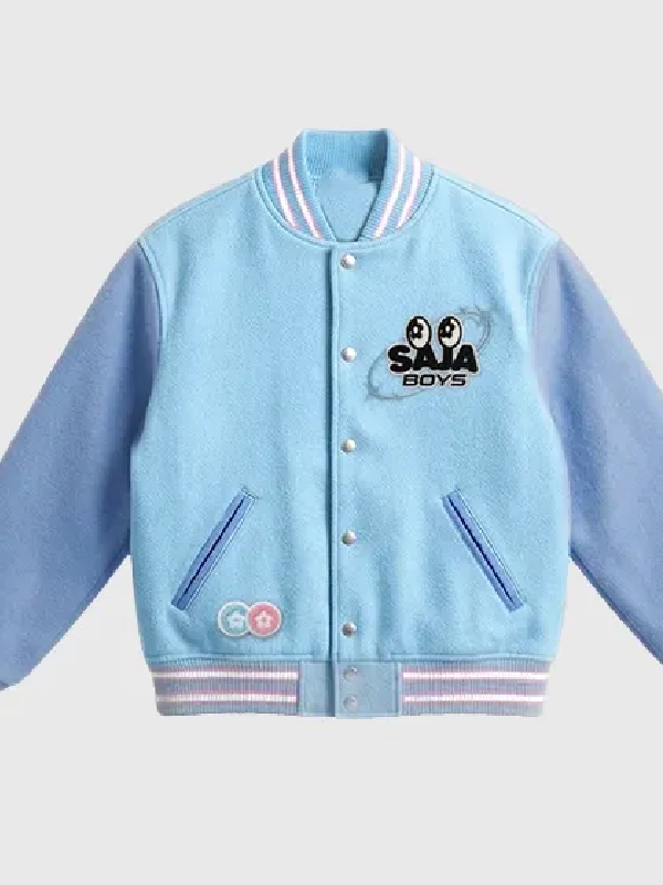 Vandy The Pink Mcdonald Saja Boys Jacket in light blue varsity design with snap buttons and embroidered chest logo