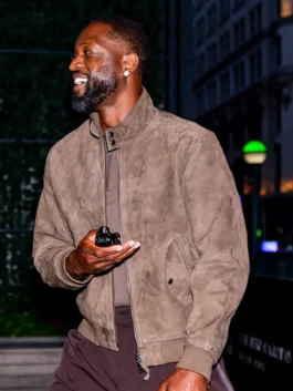 NYC 2026 suede leather jacket with clean celebrity street styling.