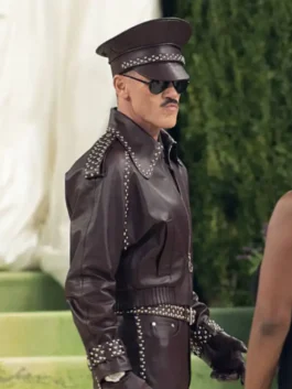 Met Gala Costume Art leather jacket with clean celebrity styling.