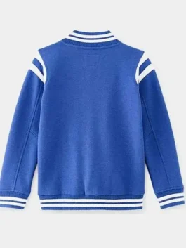 Andrew Koji varsity jacket with sporty blue outerwear styling.