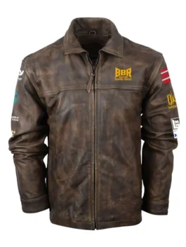 BBR World Finals brown leather jacket with clean front design and classic appeal.