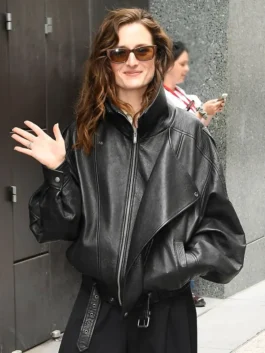 Grace Gummer black leather jacket inspired by ABC Studios style.