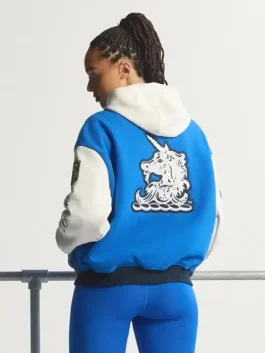 Boston Marathon 26 varsity jacket with classic sporty outerwear look.
