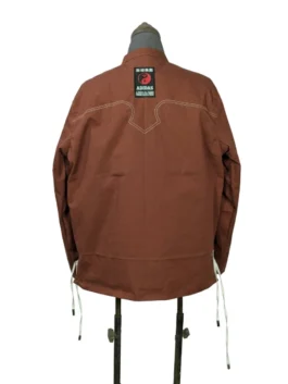 Full rear view of the brown Adidas CLOT track jacket showing the Western style decorative white yoke stitching and lower hem drawstrings.