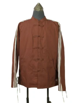 Front view of the Adidas CLOT Track Jacket by Edison Chen in brown with white rope 3-Stripes and five traditional frog button knot fasteners.