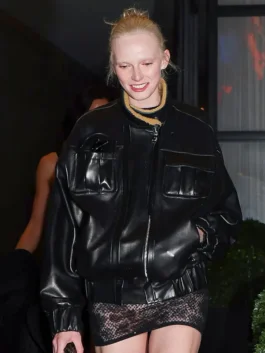Alex Consani Met Gala Party Black Leather Jacket front view.