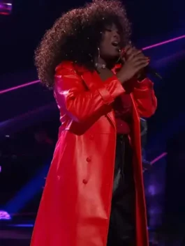 Alexia Jayy Red Trench Coat closure view showing front fastening, stitching, and red coat finish