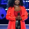 Alexia Jayy Red Trench Coat front view showing collar, closure, pockets, and long coat design