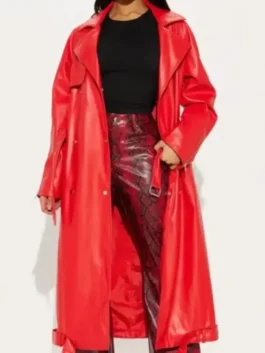 Alexia Jayy Red Trench Coat view look showing red color, long coat shape, and clean fit