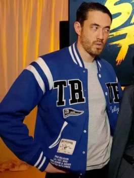 Andrew Koji Street Fighter Blue Varsity Jacket front view.