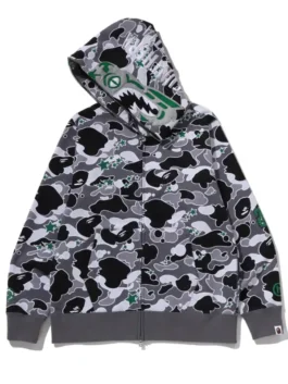 BAPE x Hidden STA Camo Tiger Hoodie design view showing camo pattern, tiger artwork, and fabric detail