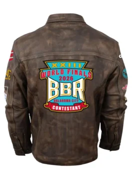 BBR World Finals 2026 Brown Leather Jacket with rugged event-inspired styling.