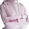 Front view of a baby pink ABDL straight jacket featuring heavy-duty straps and silver D-ring hardware on a mannequin.