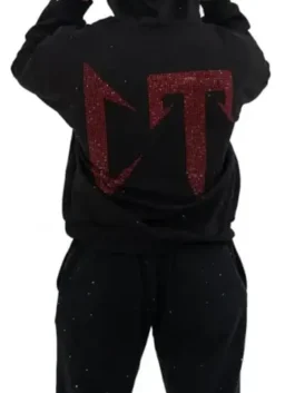 Back view of Barajas Project black hoodie with large red rhinestone graphic design