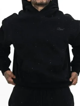 Full front view of Barajas Project black pullover hoodie with rhinestone embellishment