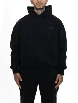 Front view of Barajas Project black rhinestone hoodie with oversized hooded streetwear design