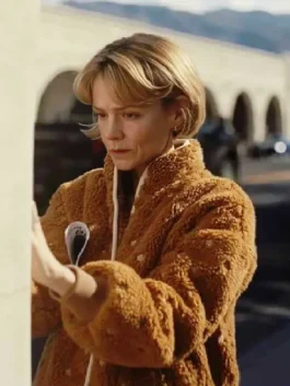 Carey Mulligan brown sherpa jacket inspired by Beef Season 2 character fashion.