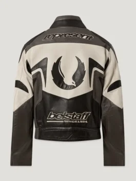 Belstaff x Represent Race Jacket back design view showing rear artwork, stitching, and jacket structure