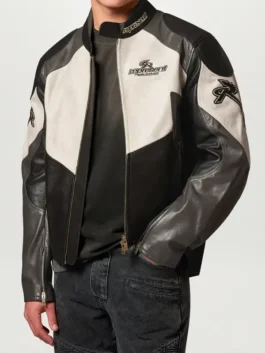 Belstaff x Represent Race Jacket close-up view showing fabric texture, graphics, and stitching details
