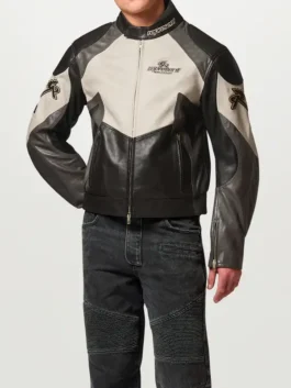 Belstaff x Represent Race Jacket front view showing collar, closure, graphics, and sporty design