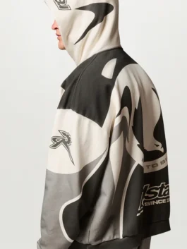 Belstaff x Represent Racing Hoodie back side view showing rear design, hood, and sleeve profile