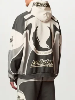 Belstaff x Represent Racing Hoodie back view showing rear graphics, hood shape, and relaxed fit