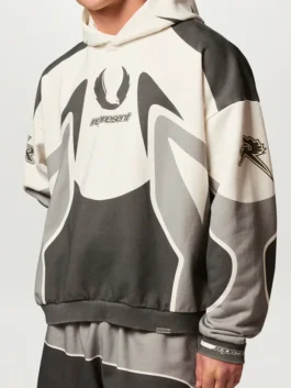 Belstaff x Represent Racing Hoodie side view showing hood shape, sleeve detail, and racing hoodie profile