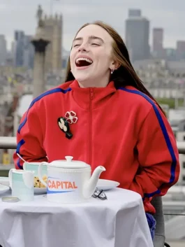 Billie Eilish red track jacket inspired by Capital FM 2026 appearance.